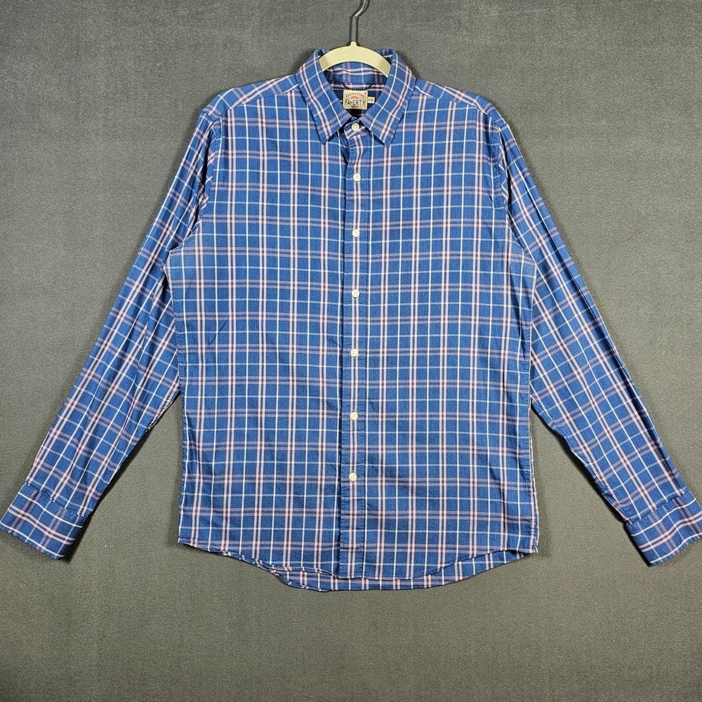 Faherty Shirt Mens Medium Blue Plaid Regular Fit Stretch Button Up Long Sleeve